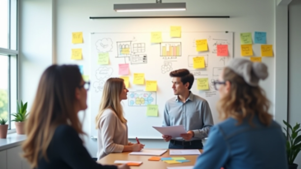 Team of professionals gathered around whiteboard with colorful sticky notes and sketches in collaborative workspace