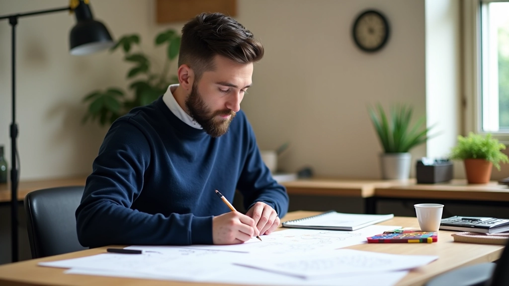 Designer working at wooden desk with sketches, color swatches, and notebooks in bright modern studio