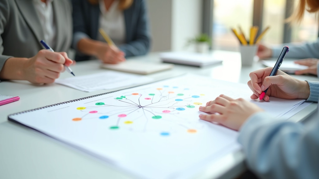 Person using mind mapping technique with colored markers and large paper sheet showing interconnected ideas